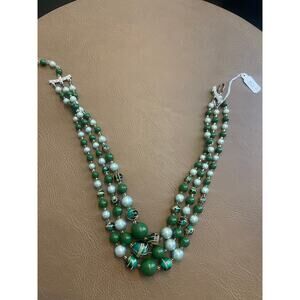 Vintage Three-Strand Beaded Necklace – Green, Teal & Pearl Mix